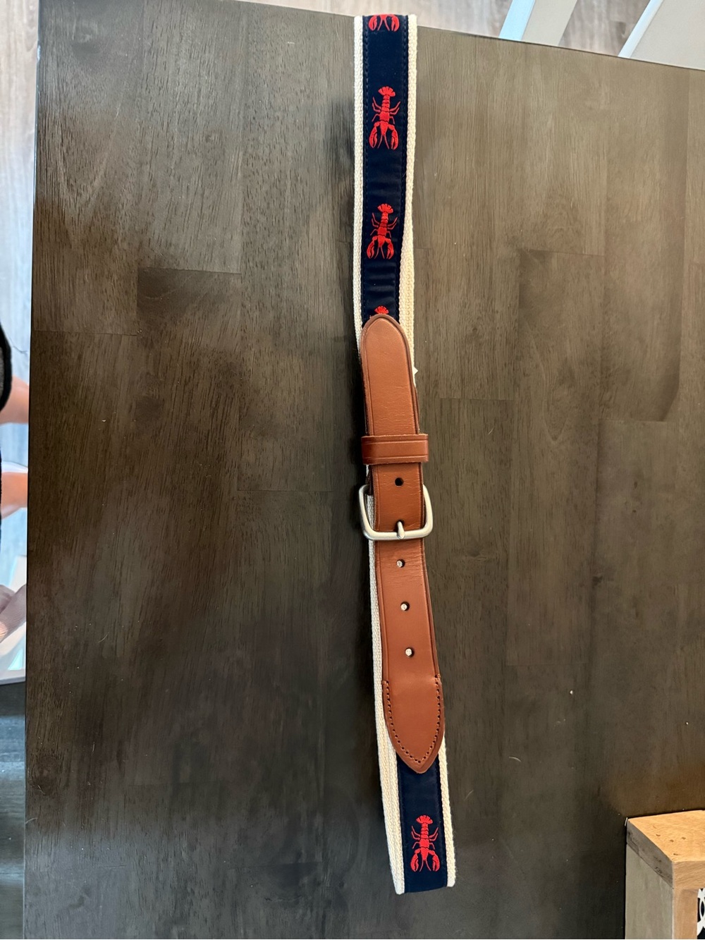 J. Crew Navy Belt with Red Lobster Embroidery and Brown Leather